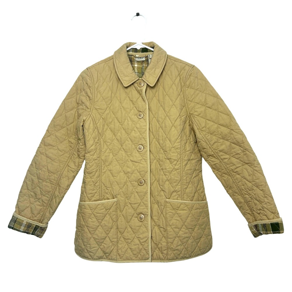 Vintage LL‎ Bean Quilted Khaki Plaid Insulated Barn Coat Size Small